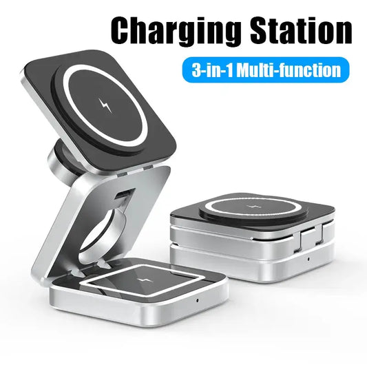3 in 1 Wireless Charging Station for  multiple Apple Devices. Fast Charger. front view & folded view.