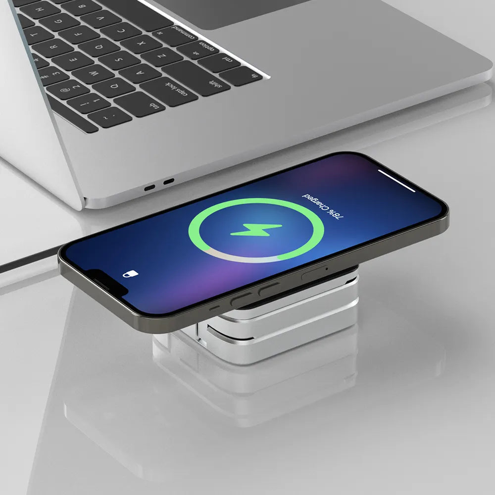 3 in 1 Wireless Charging Station for  multiple Apple Devices. Fast Charger. folded view & In use.