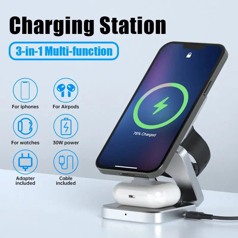 3 in 1 Wireless Charging Station for  multiple Apple Devices. Fast Charger. front view & In use.