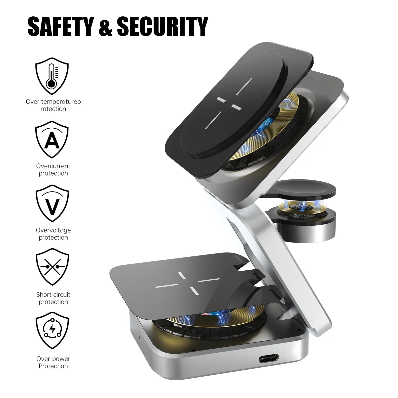 3 in 1 Wireless Charging Station for  multiple Apple Devices. Fast Charger. pulled apart view. safer & more secure.