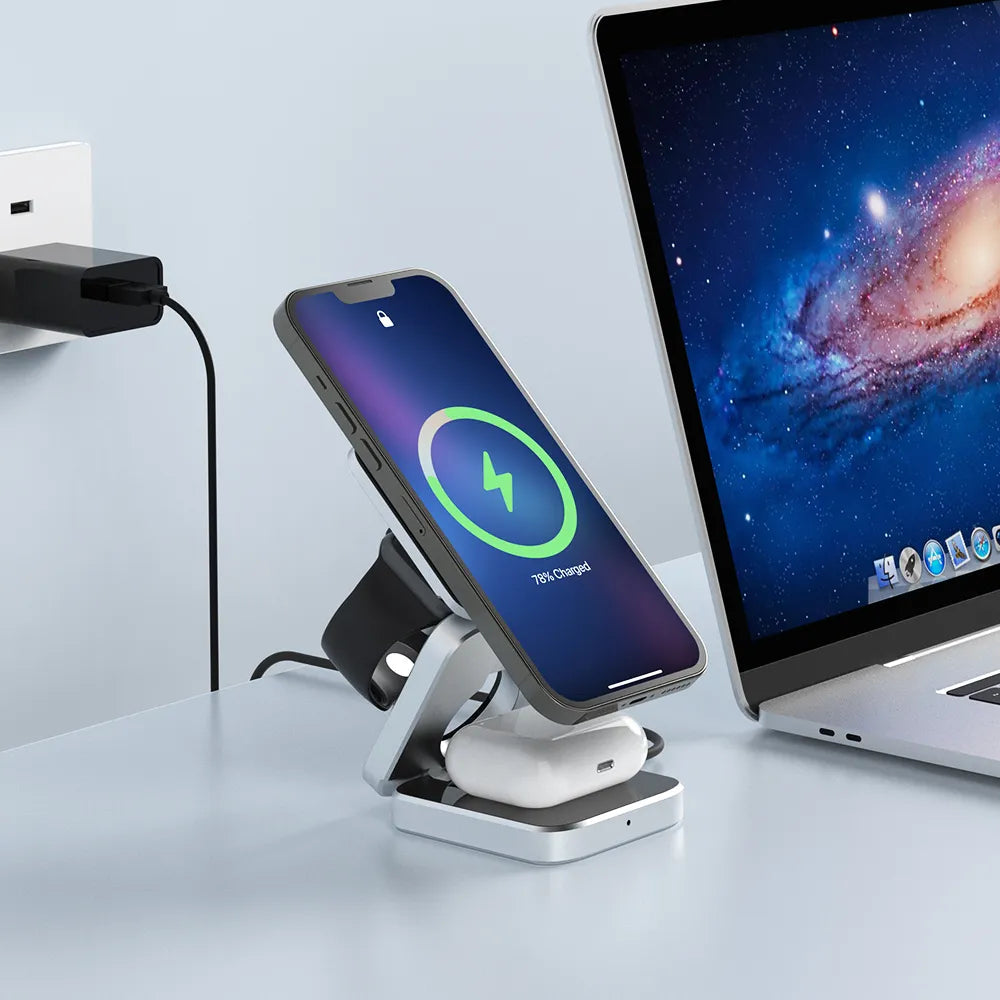 3 in 1 Wireless Charging Station for  multiple Apple Devices. Fast Charger. side view & In use.