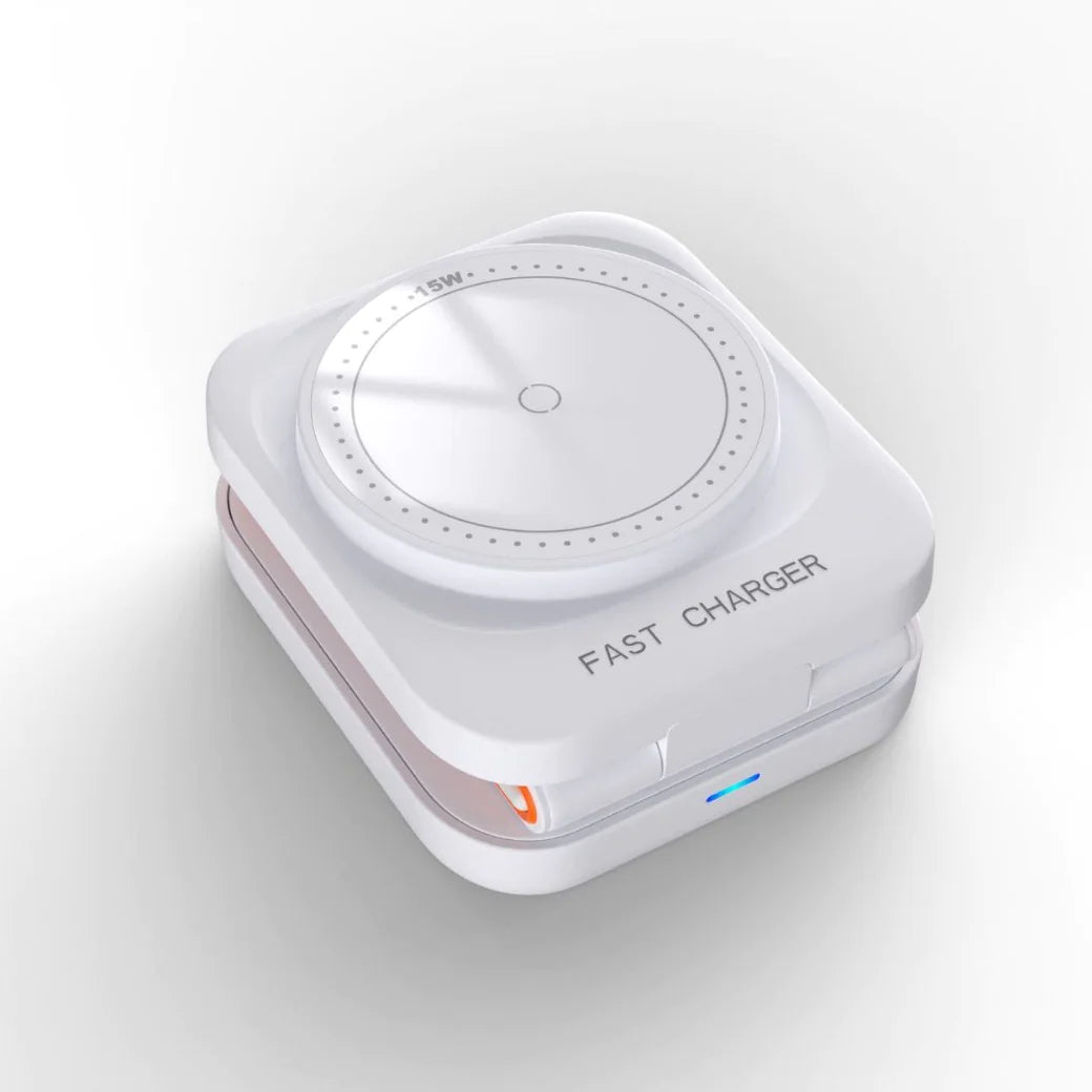 3 in 1 Wireless Charging Station for  multiple Apple Devices. Fast Charger. white folded view.