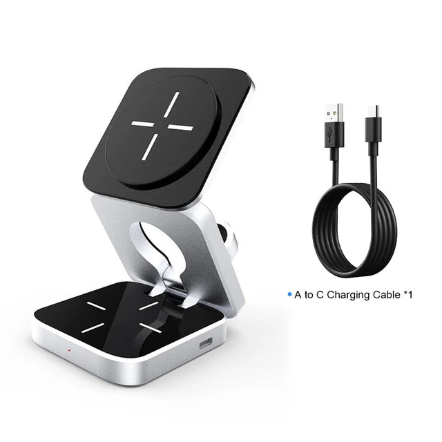 3 in 1 Wireless Charging Station for  multiple Apple Devices. Fast Charger. front view with cable.