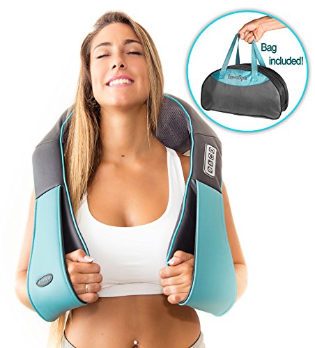 Woman using a Deep Kneading Shiatsu Massager With Heat on her shoulders, and showing bag included.