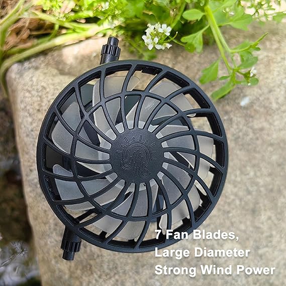 Close up of a black solar powered fan in solar fan hat. front view. natural blurred background