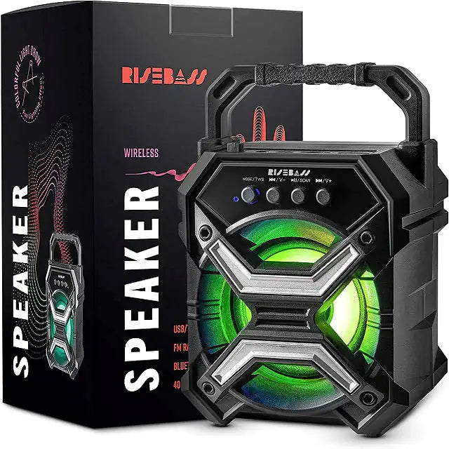 RiseBass Portable Wireless Bluetooth Speaker front view with led lights