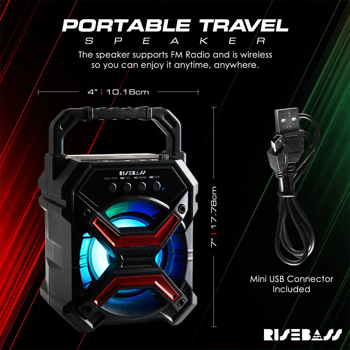 RiseBass Portable Wireless Bluetooth Speaker front view with led lights showing showing USB connector