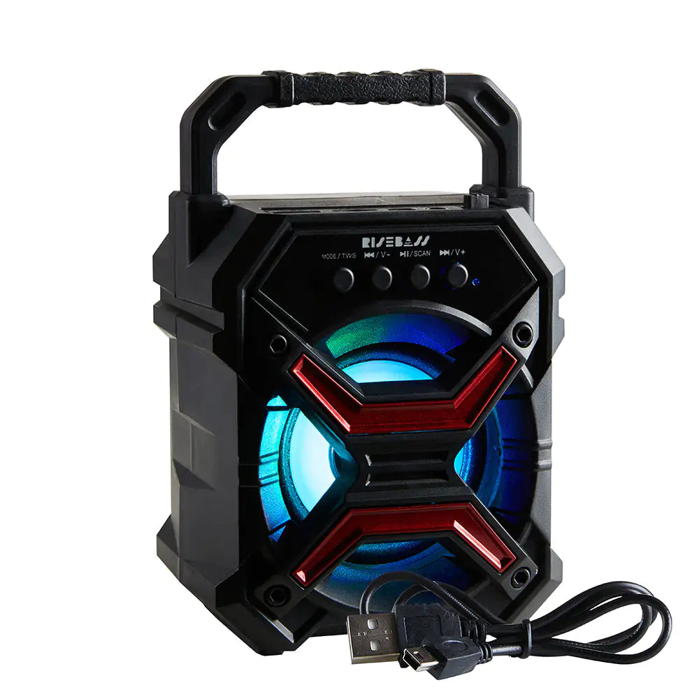 RiseBass Portable Wireless Bluetooth Speaker front view with led lights on white background