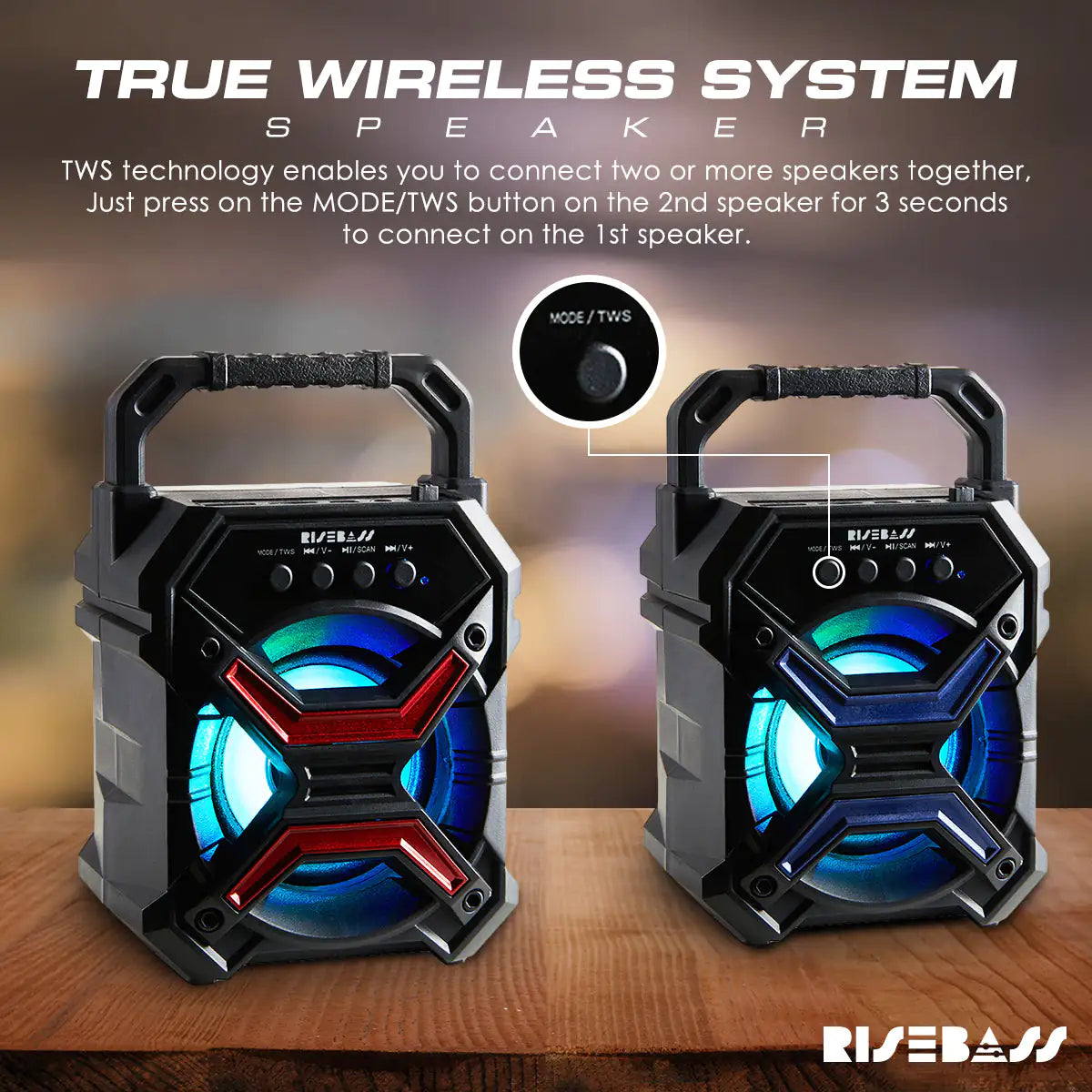 RiseBass Portable Wireless Bluetooth Speaker front view with led lights connect 2 or more 