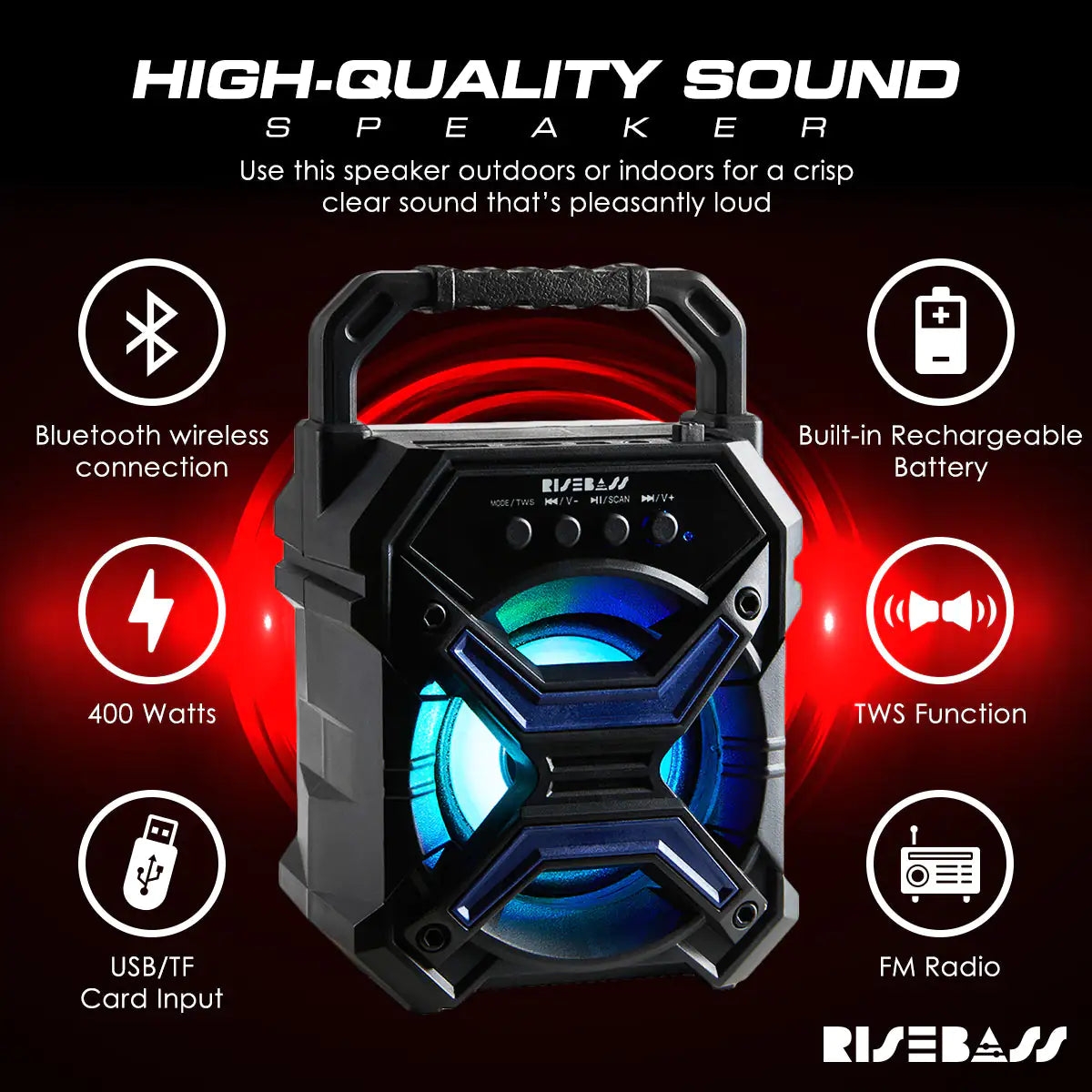 RiseBass Portable Wireless Bluetooth Speaker front view with led lights showing the features