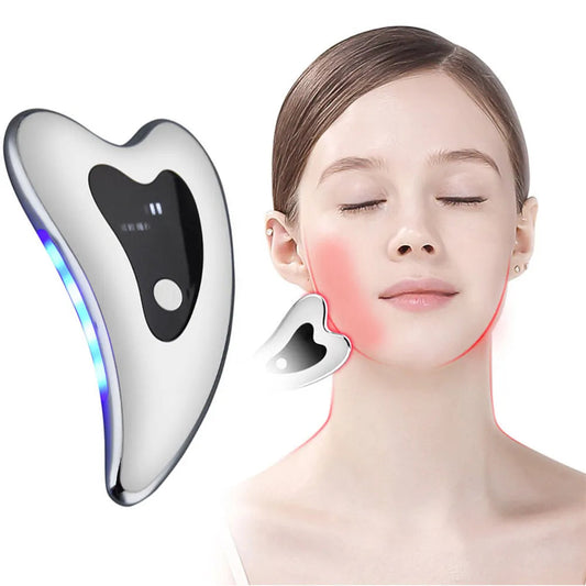 Skin Scraping Electric Face Massager. home massage spa & massage therapy. front close up view with a woman smooth skin face