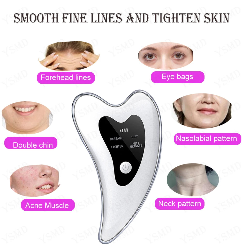 Skin Scraping Electric Face Massager. home massage spa & massage therapy. showing result of clearing forehead lines, eye bags, double chin, nasolabial pattern, acne muscle and neck pattern.