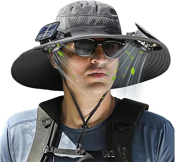 Solar Fan Hat. Person wearing a black wide-brimmed hat with solar panel, sunglasses, and face shield on a white background