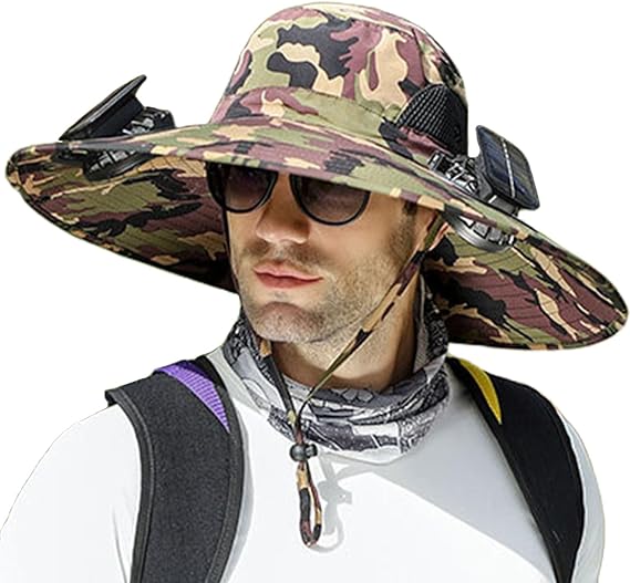 Solar Fan Hat. Person wearing a camouflage wide-brimmed hat with sunglasses on a white background