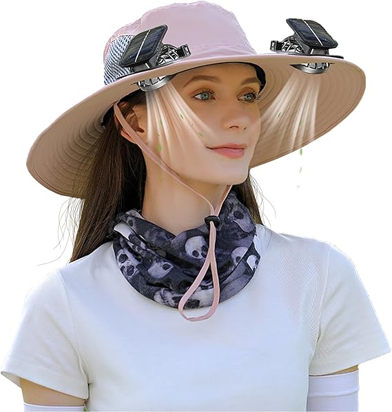 Solar Fan Hat. Woman wearing a khaki wide-brimmed sun hat with solar panels and a face veil on a white background
