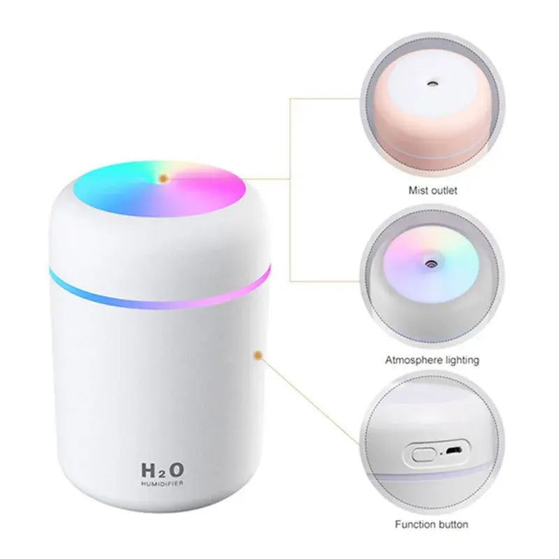 White Mini Portable Air Humidifier. Mist outlet, Atmosphere lighting function button. front view