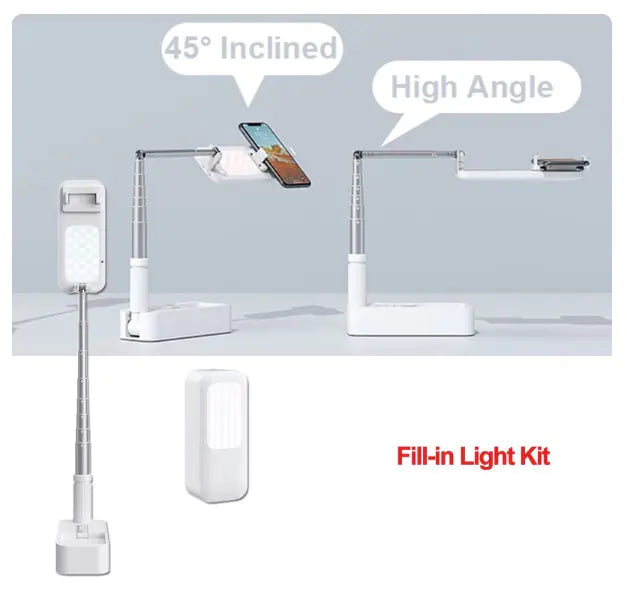 Wireless Smartphone Stand with Fill Light Tripod. desktop inclined or high angle
