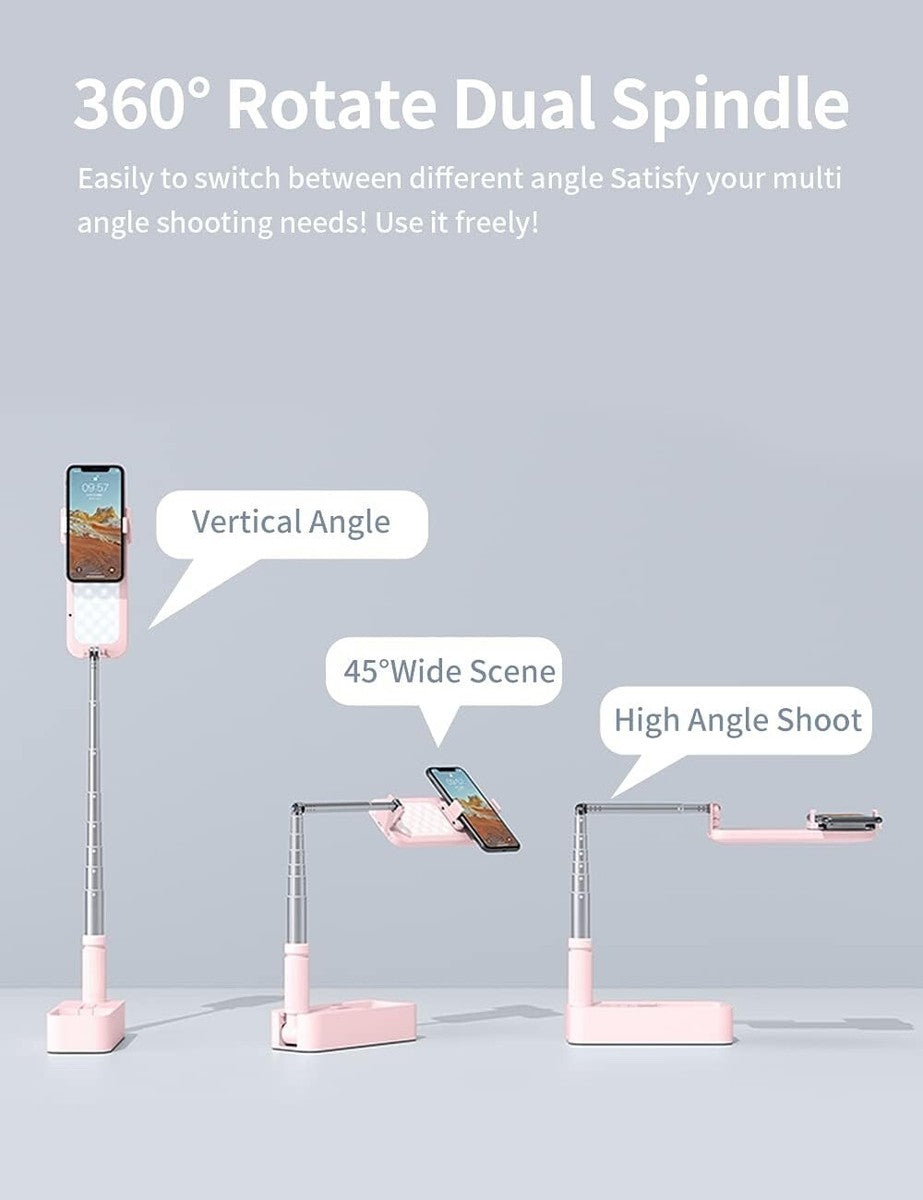 Wireless Smartphone Stand with Fill Light Tripod. Pink Vertical inclined or high angle