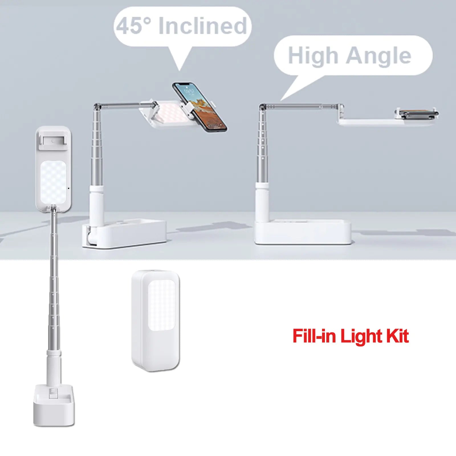 Wireless Smartphone Stand with Fill Light Tripod. desktop inclined or high angle