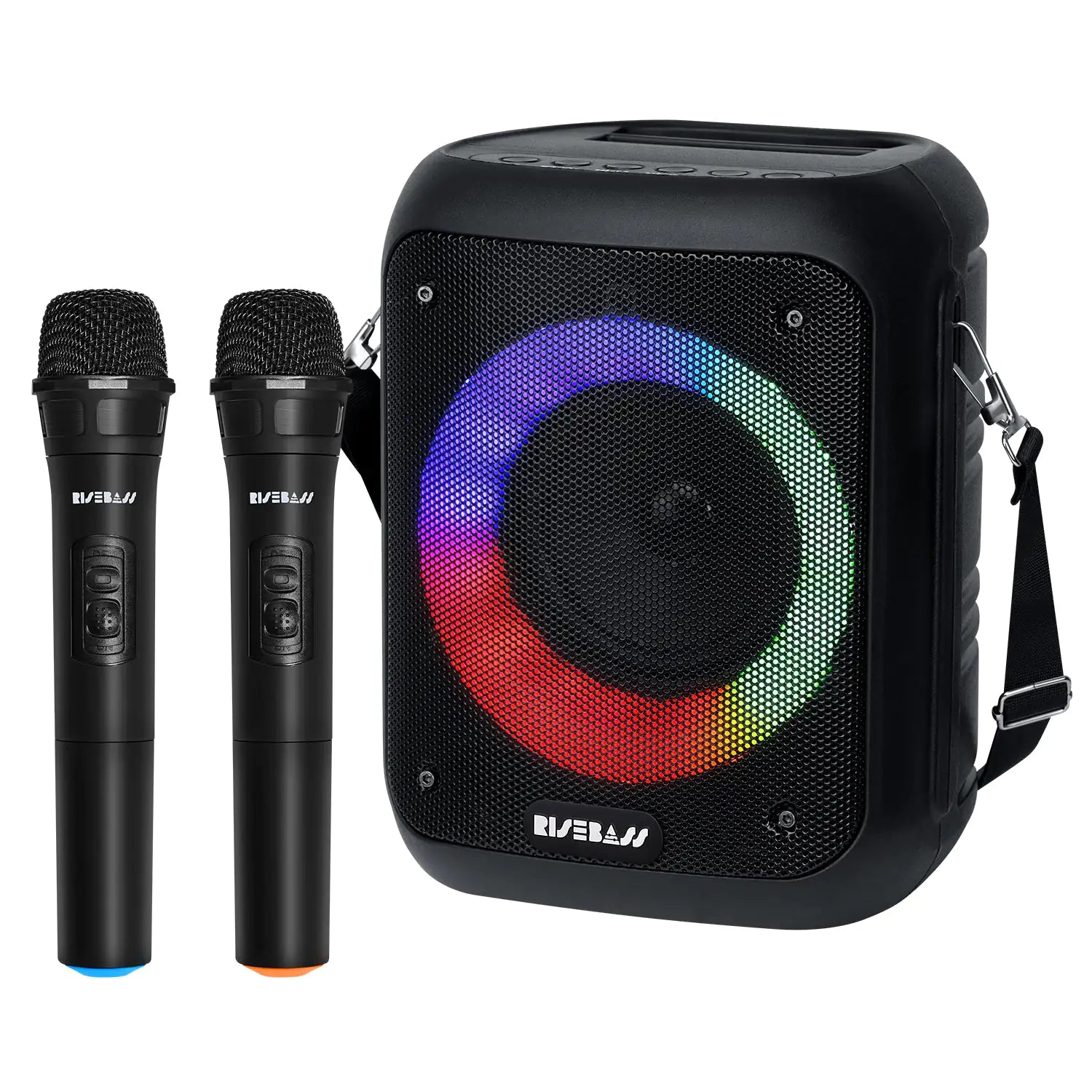 karaoke machine with LED lights and 2 microphones. front view of sing machine