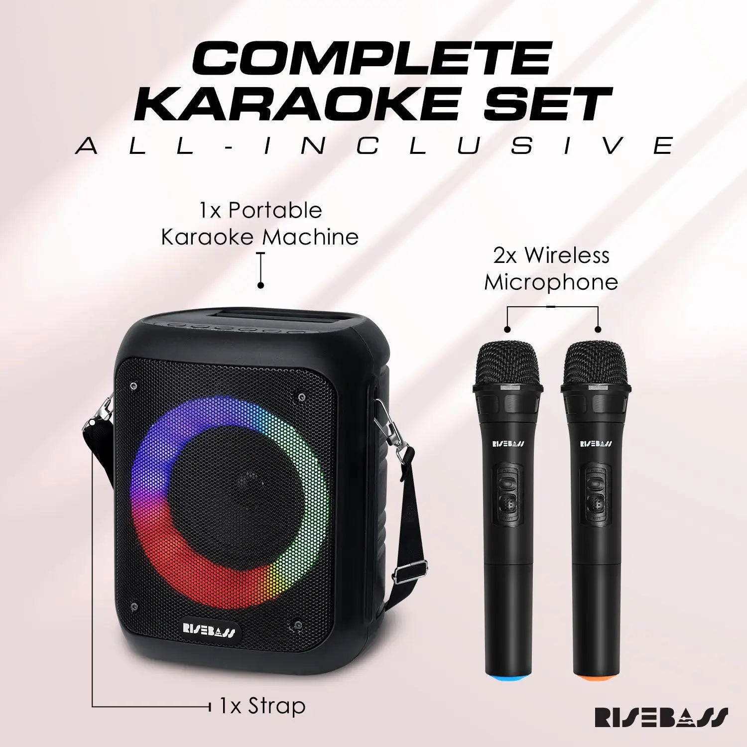 karaoke machine with LED lights and 2 wireless microphones. complete set of portable sing machine