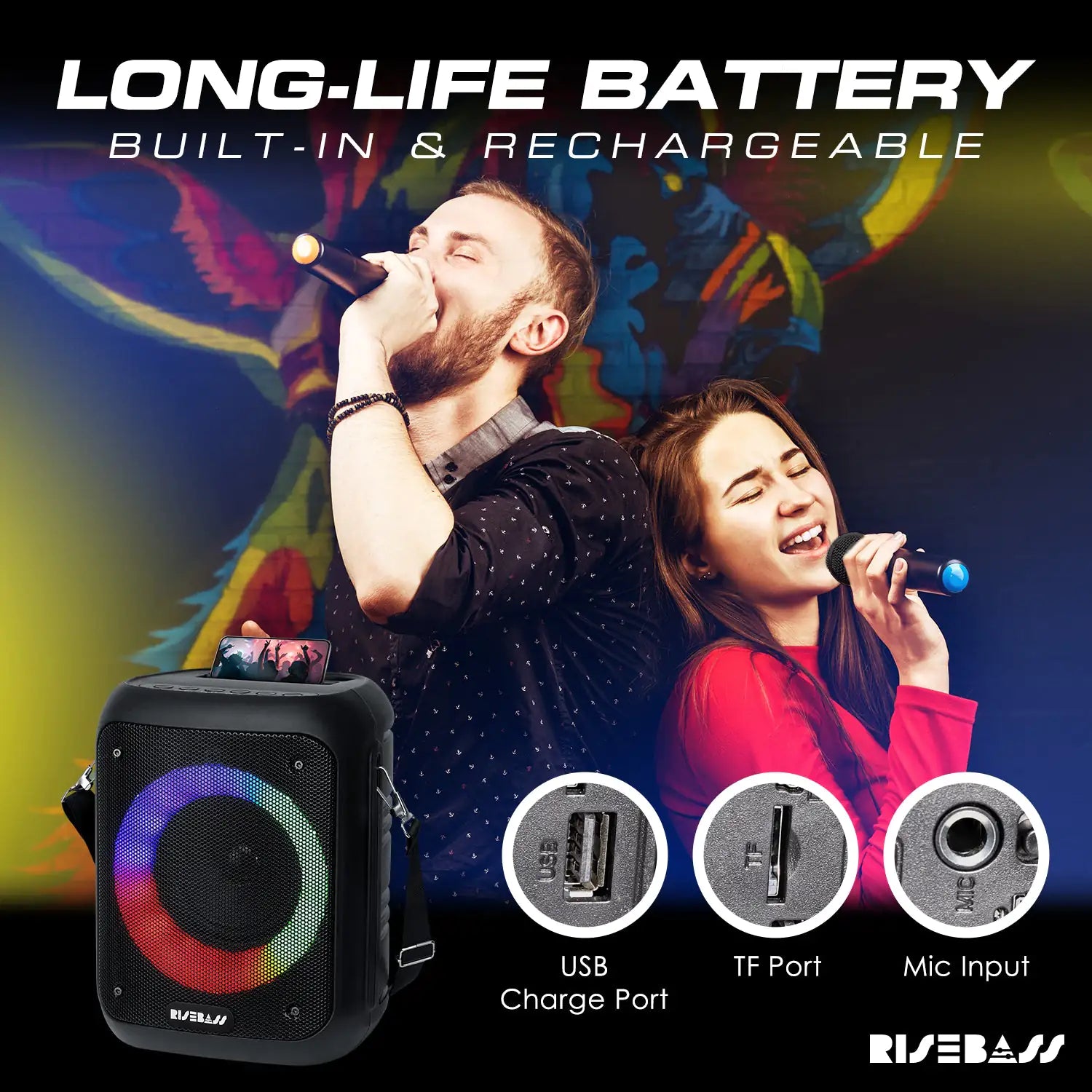karaoke machine with LED lights and 2 wireless microphones. phone on top of karaoke machine.  Man & woman singing music. USB Charge, TF port & mic input2